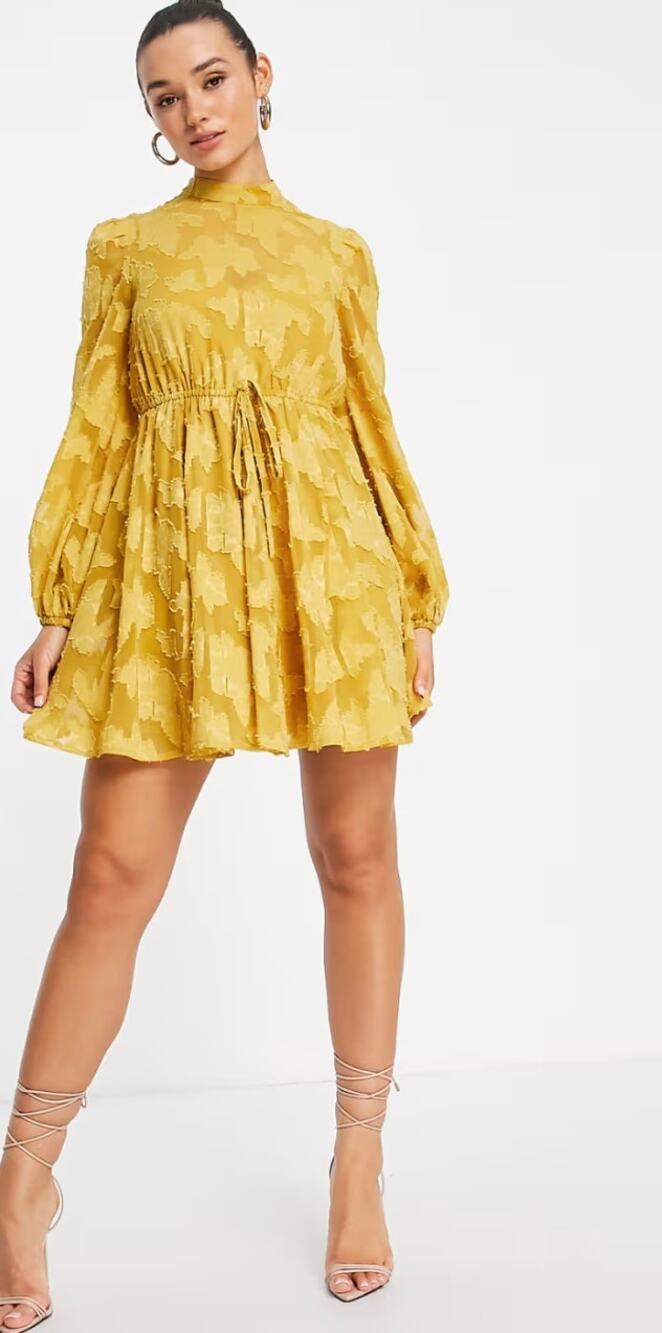 NEW Asos Mustard Yellow High Neck Long Puff Sleeve Fit & Flare Mini Dress Size 6